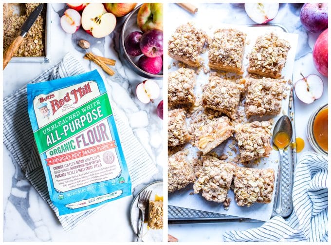 Two images of apple crisp bars: 1. A Bag of Bob's Red Mill Organic All Purpose Flour. 2. Apple pie bars sliced and setting on a sheet pan.