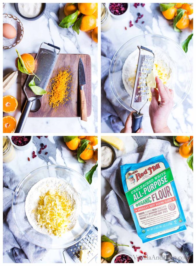 1. Orange zest on a cutting board with a zester and knife. 2. Grating butter into a mixing bowl. 3. Grated butter in a mixing bowl with dry ingredients. 4. Bag of Bobs Red Mill All Purpose Flour.