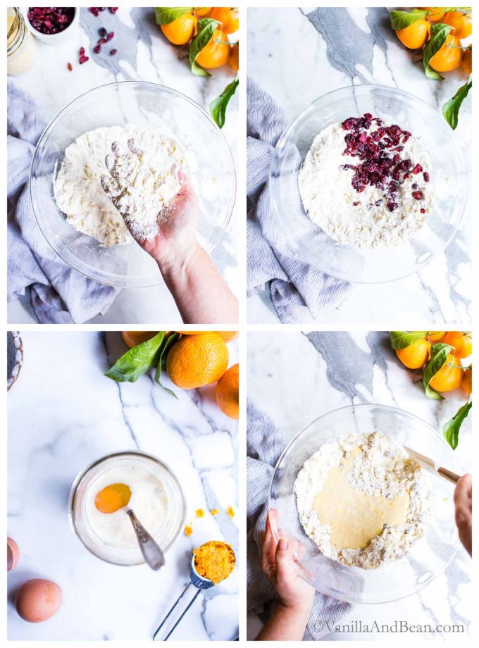 1. Hand holding butter flour mixture. 2. Dried cranberries in a large bowl of butter and flour mixture. 3. A jar with eggs and milk about to be mixed. 4. Wet ingredients added to dry ingredients in a large bowl.