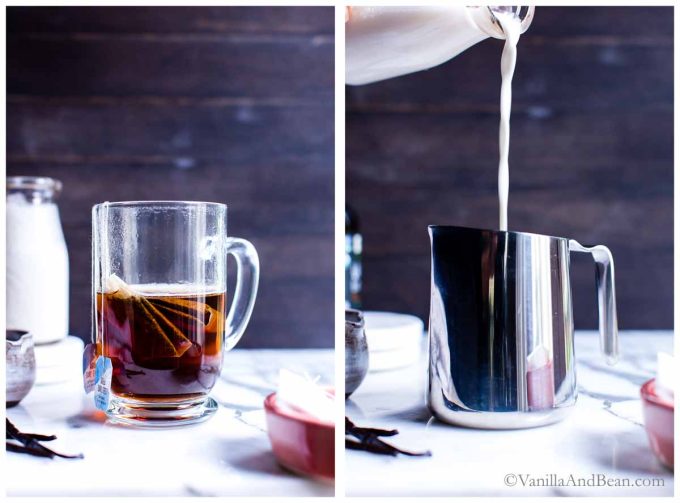 1. tea bags steeped in hot water in a glass mug. 2. milk being poured into a frothing cup. 