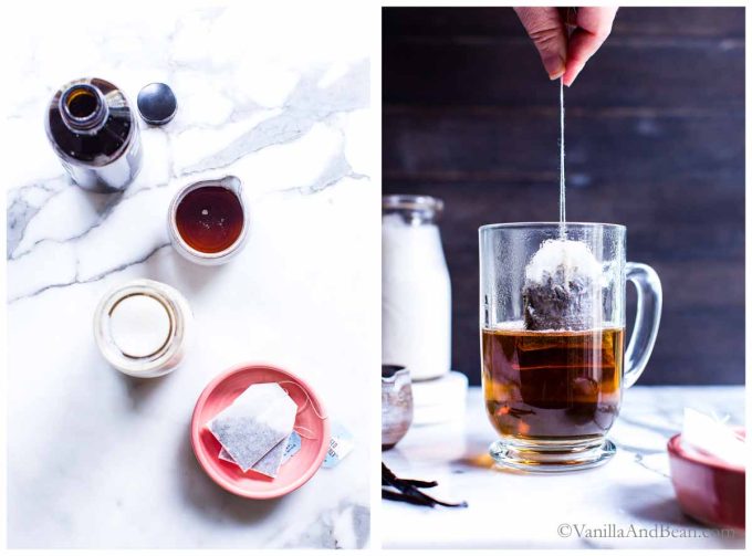 1. ingredients for Earl Grey Tea Latte. 2. Earl Grey Tea Bags dipped into a mug of hot water. 