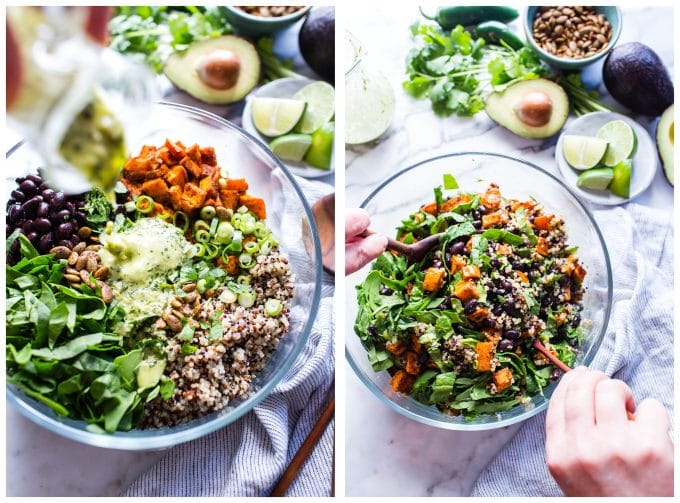 1. dressing being poured over the quinoa salad. 2. quinoa salad being tossed in a bowl. 