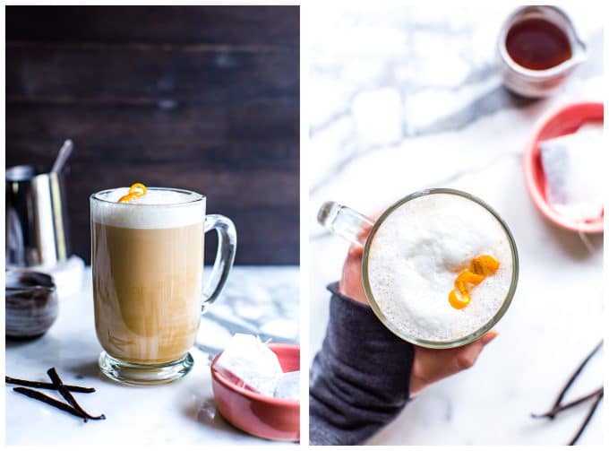 1. earl grey latte in a glass mug topped with frothed milk and orange twist. 2. looking down on the London fog latte with a hand holding a mug. 