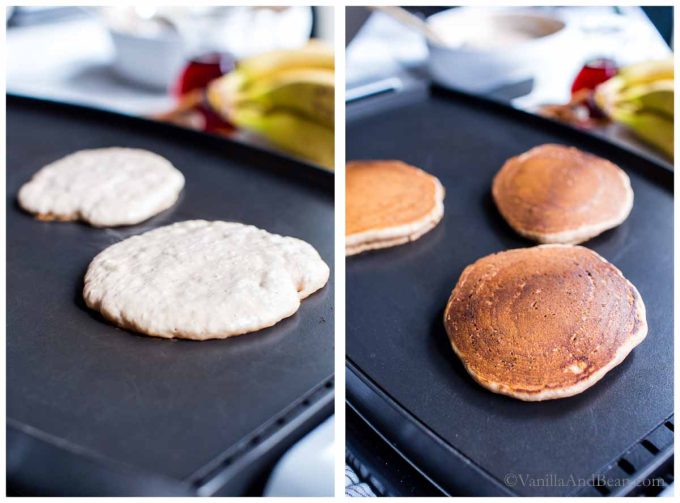 1. Sourdough pancakes on a griddle. 2. Flipped vegan sourdough discard pancakes on a griddle.