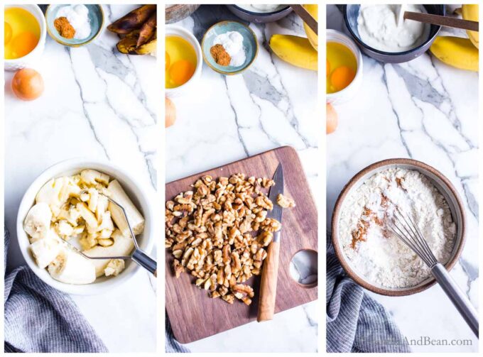 1. mashed bananas in a bowl. 2. chopped walnuts on a cutting board. 3. Dry ingredients in a bowl with a whisk.
