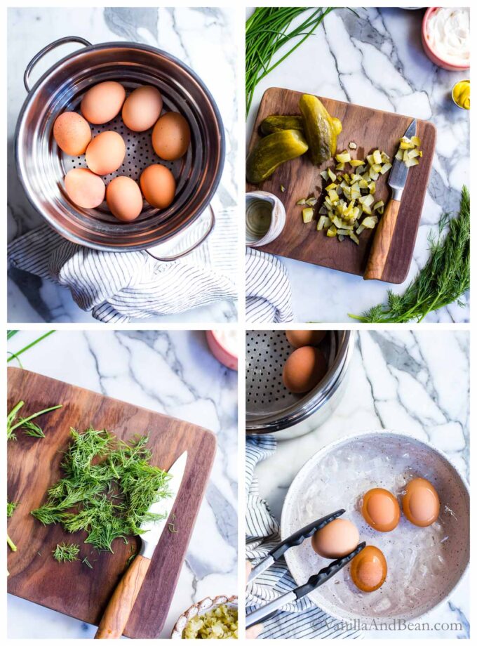 1. Eggs in a steamer basket. 2. Chopped dill pickles on a cutting board. 3. Chopped dill on a cutting board. 4. Transferring hard boiled eggs to an ice bath.
