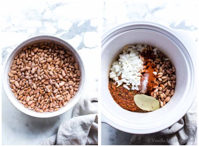 1. Soaking pinto beans in water in a bowl. 2. Ingredients in crock pot for slow cooker pinto beans.