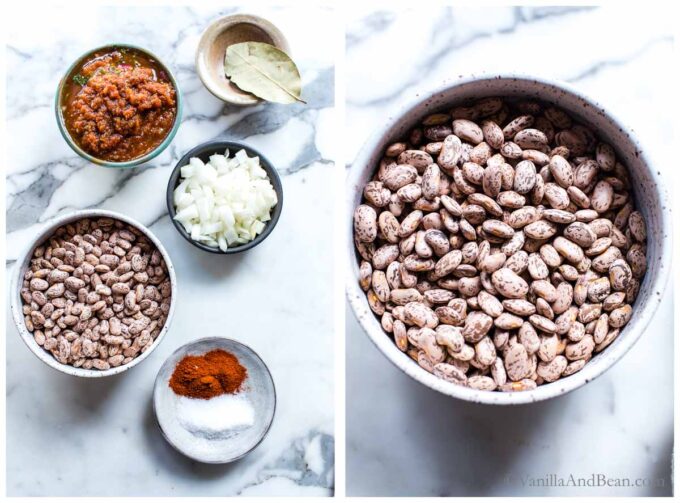 1. Crock Pot Beans Ingredients. 2. Bowl of dry pinto beans.