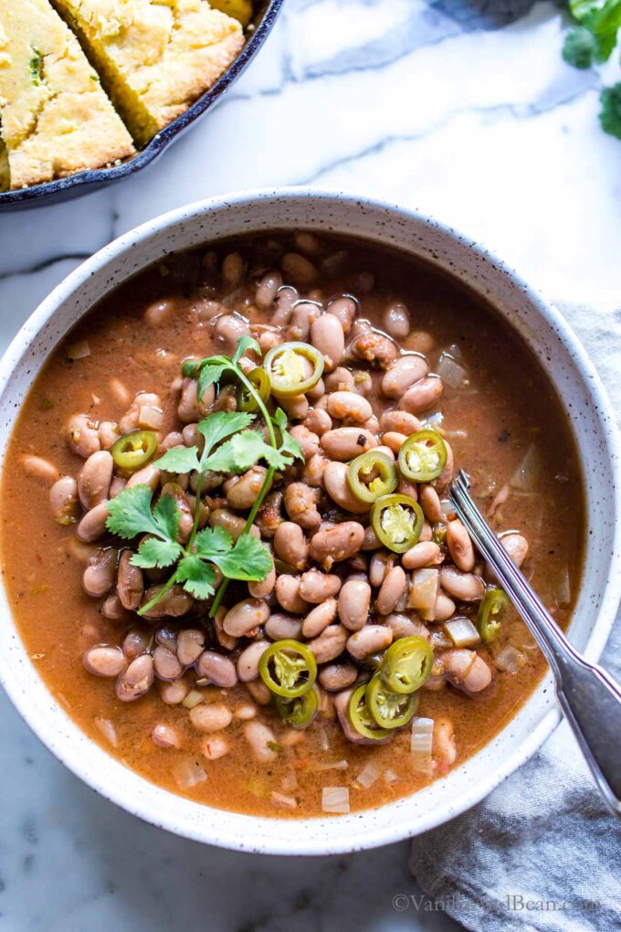 Closeup of crockpot pinto beans.