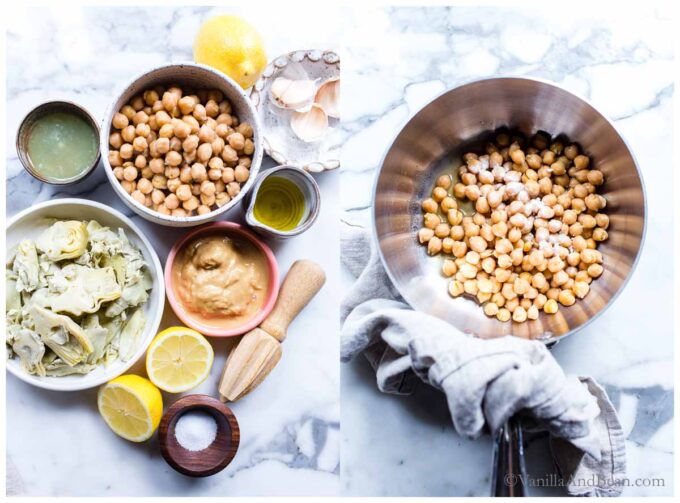 1. Ingredients for artichoke hummus recipe. 2. A sauce pot with chickpeas in it.