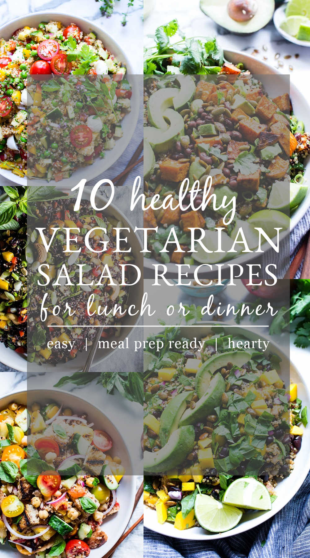 10 Healthy Vegetarian Salad Recipes for lunch or dinner cover with images of those salad recipes.