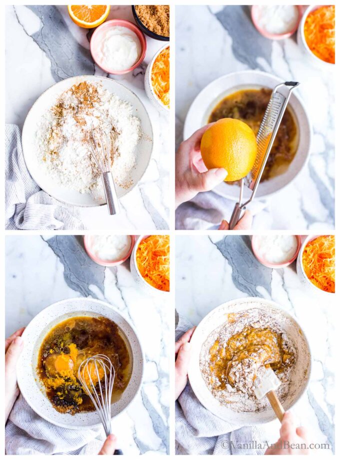 1. Dry ingredients in a bowl with a whisk in the bowl. 2. Zesting an orange over a bowl. 3. Whisking wet ingredients for carrot bread. 4. Mixing dry and wet ingredients in a bowl.