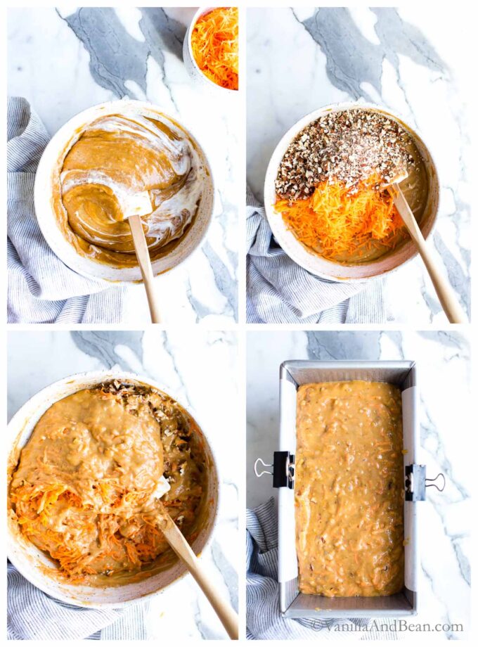 1. folding in the sour cream. 2. Folding in the carrots and pecans into the carrot cake loaf batter. 3. Mixed carrot cake quick bread batter in a bowl. 4. Batter in a parchment lined loaf pan.