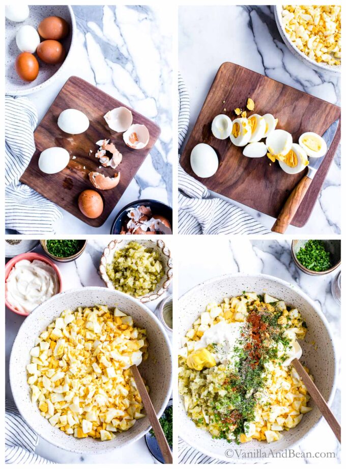 1. Peeled hard steamed eggs on a cutting board. 2. Chopped steamed eggs on a cutting board.3. Chopped hard boiled eggs in a mixing bowl. 3. Ingredients for deviled eggs salad in a bowl with a spoon.