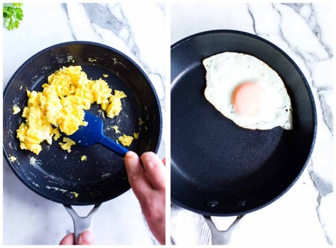 1. Scrambled eggs in a pan. 2. Fried egg in a pan.