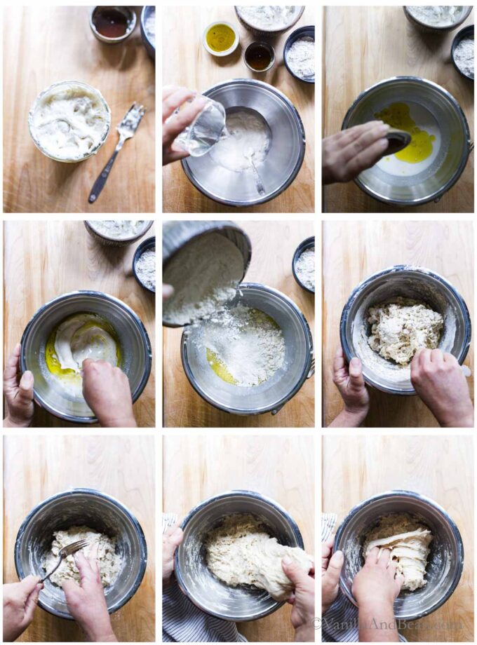 1. Sourdough starter in a jar. 2. Pouring water into a bowl with sourdough starter. 3. Adding olive oil to the dough. 4.. Mixing sourdough pita dough. 5. Adding flour to the wet ingredients. 6. Mixing the dough with a fork. 7. Mixing the dough by hand. 8. Folding Sourdough pita dough. 9. Folding the sour dough pita dough.