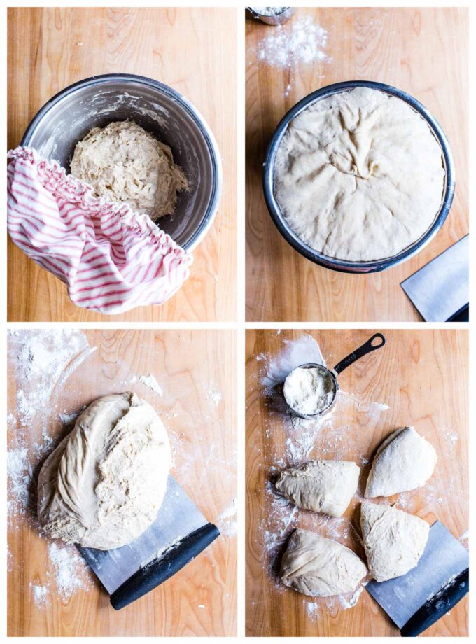 1. Mixed sour dough pita dough. 2. Fermented pita dough. 3. Pita dough on a pastry board. 4. Cut pita dough on a pastry board.