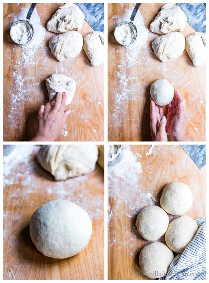 1. Shaping pita dough. 2. Shaping pita dough into a ball. 3. Shaped pita dough. 4. Four sour dough pita dough balls on a pastry board.