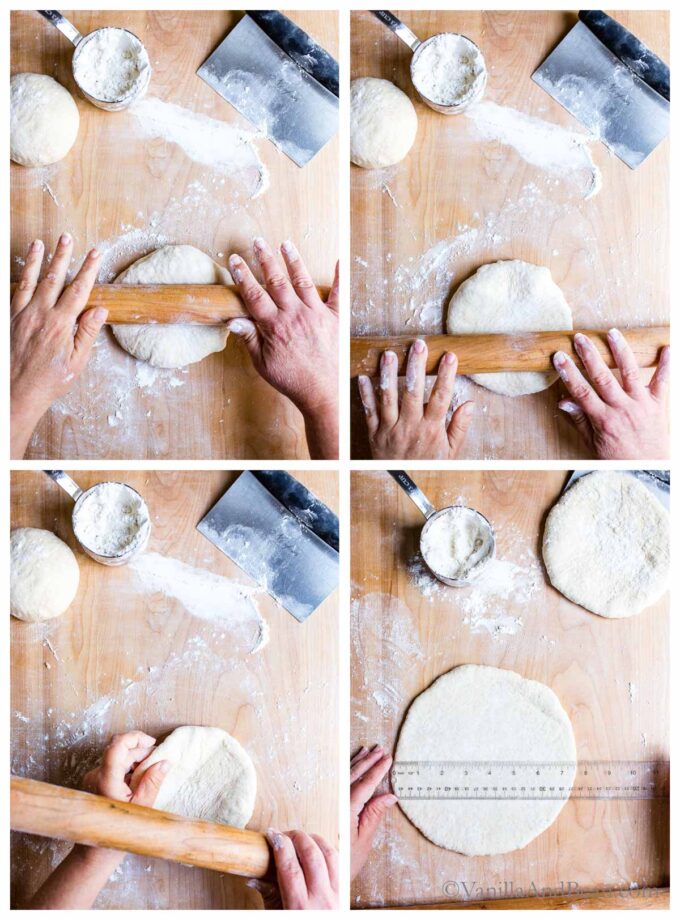 1. Rolling out pita dough. 2. Rolling out pita dough. 3. Moving the rolled pita dough on a board. 4. A ruler measures rolled out pita dough.