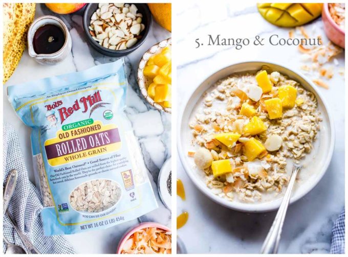 1. Bag of Bobs Red Mill Old Fashioned Rolled Oats. 2. Overnight Oats recipe in a bowl topped with mango and coconut.