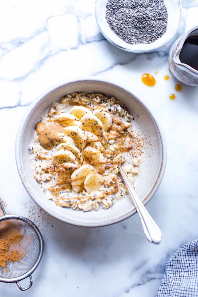 Overnight Oats Coconut Milk with bananas and almond butter.