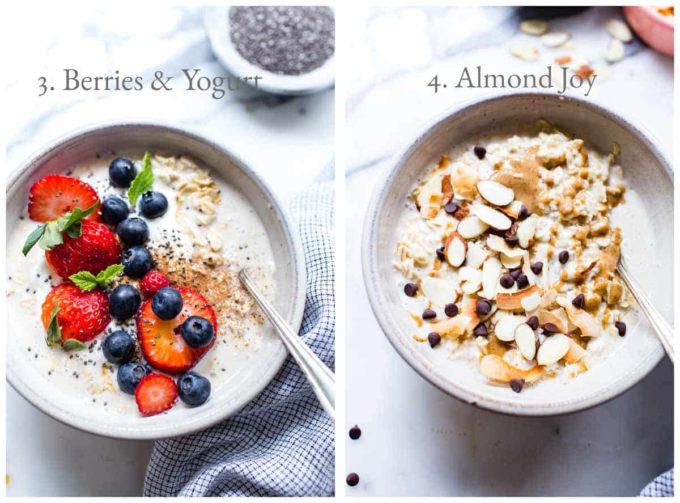 1. Coconut Overnight Oats Recipe with Berries. 2. Overnight Coconut Milk Oats with Amonds, coconut and chocolate.