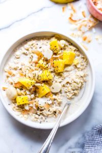1. Overnight Oats with coconut milk topped with mango and chia seeds.