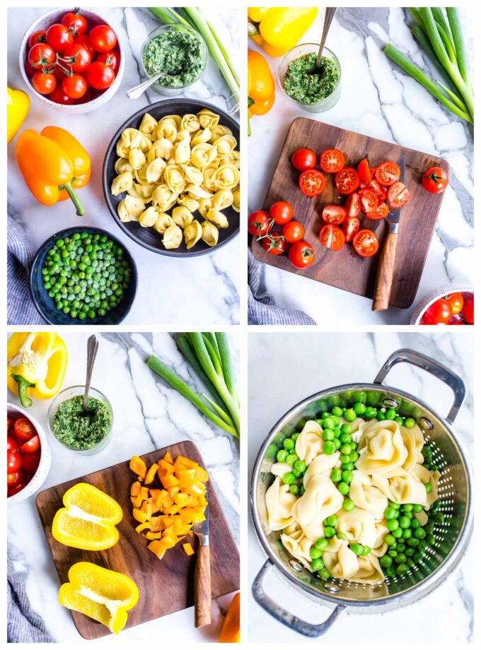 1. Ingredients for Tortellini Pesto Salad. 2. Chopping tomatoes on a cutting board. 3. Chopped bell pepper on a cutting board. 4. Strained pasta tortellini and peas.