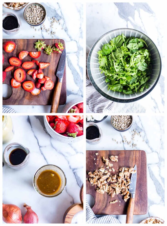 1. Sliced strawberries on a cutting board. 2. Salad greens in a salad spinner. 3. Balsamic Dressing in a jar. 4. Chopped walnuts on a cutting board.
