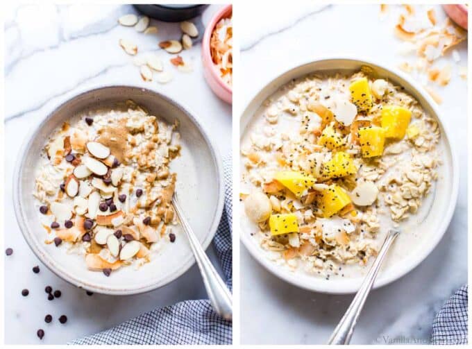 1. Overnight Coconut Milk Oats with Almonds, coconut and chocolate. 2. Overnight Oats with coconut milk topped with mango and chia seeds.