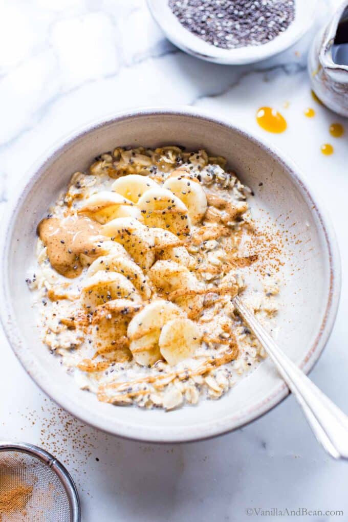 Overnight Oats Coconut Milk with bananas and almond butter.