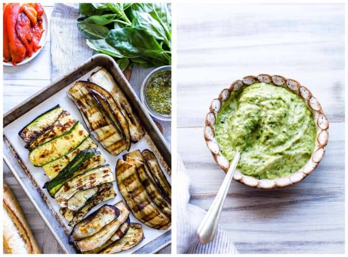 1. grilled eggplant and zucchini. 2. a small bowl of mixed mayo and pesto.