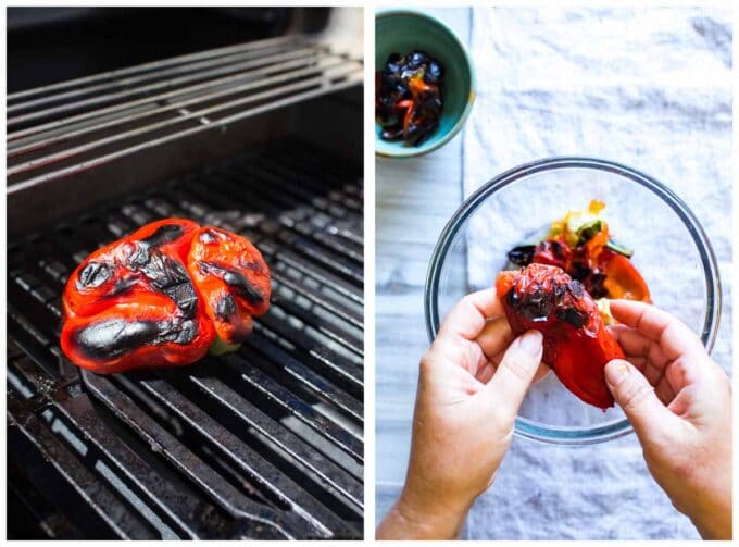 1. grilling a red bell pepper. 2 peeling the skin off a red bell pepper.