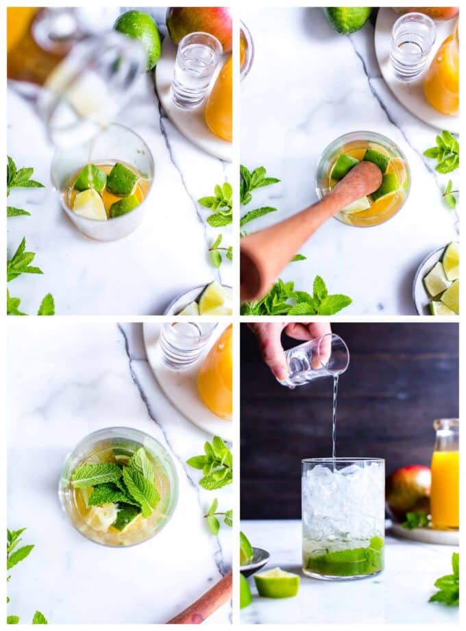 1. Simple syrup poured over limes in a glass. 2. muddling limes in simple syrup. 3. Adding mint to a mojito recipe. 4. pouring white rum over ice.