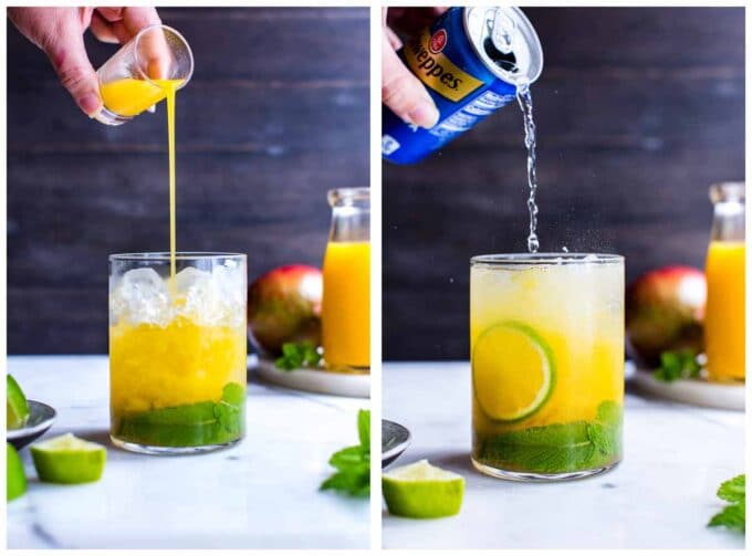 1. Pouring mango juice into an ice packed glass. 2. Pouring club soda into a glass with mango mojito ingredients.