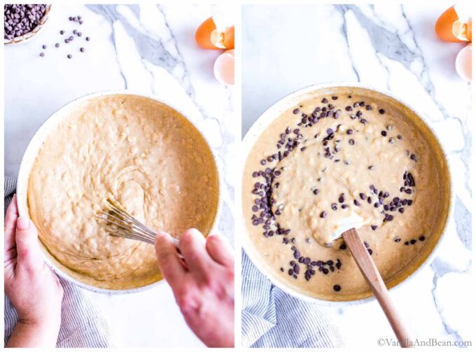 1. Stirring oat flour muffin batter in a bowl. 2. adding mini chocolate chips to oatmeal muffin batter.