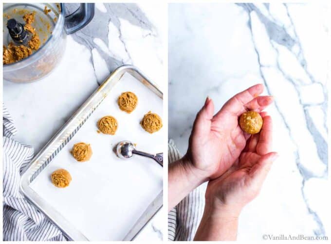 1. Scooping peanut butter balls dough on to a sheet pan. 2. Rolling the scooped peanut butter balls recipe.