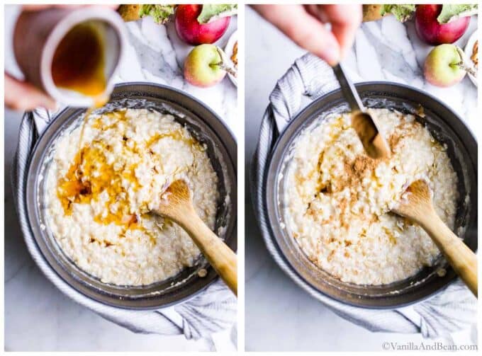 Pouring maple syrup and cinnamon over creamy oats.