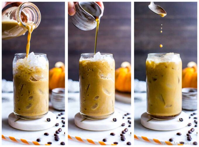 Making a pumpkin spice iced latte showing three images of the mixture being poured over ice, maple syrup being poured in the glass and then stirring the drink.