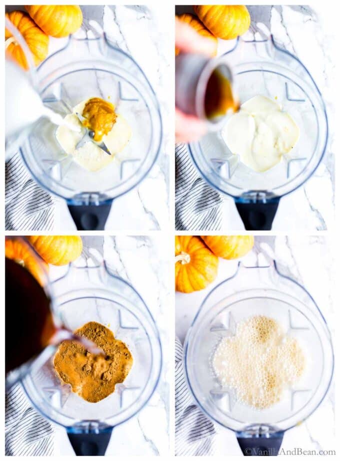 1. Milk being added to a blender with pumpkin puree. 2. Maple syrup being poured into a blender. 3. Coffee being poured into a blender. 4. Pumpkin Spice Iced latte in a blender after blending.