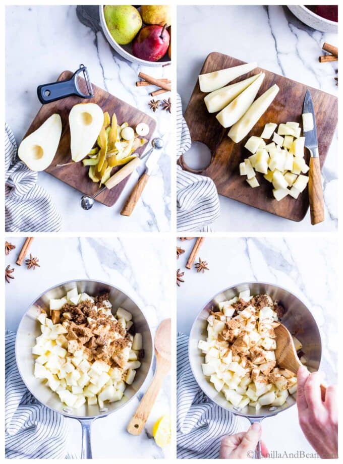 Four images of pears being peeled and cored, sliced and diced, in a pan with sugar and spices and last, the stewed pears being stirred.