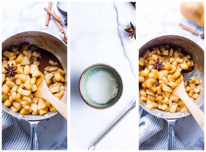 Three images: 1. Stewed pears in a sauce pan before adding a corn starch slurry. 2. Corn starch slurry in a bowl. 3. Cooked pears in a sauce pan after adding corn starch.