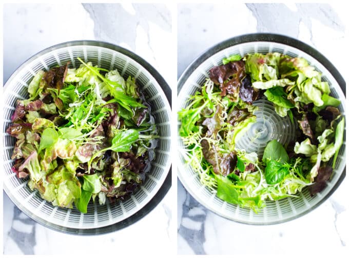 1. Salad greens in a salad spinner filled with water. 2. Salad greens spun dry in a salad spinner.