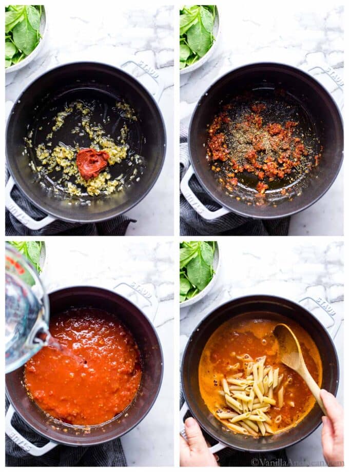 Four images showing how to make creamy veggie pasta with mascarpone and tomato sauce.