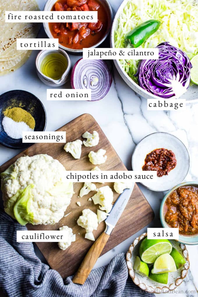 Ingredients for cauliflower tinga tacos.
