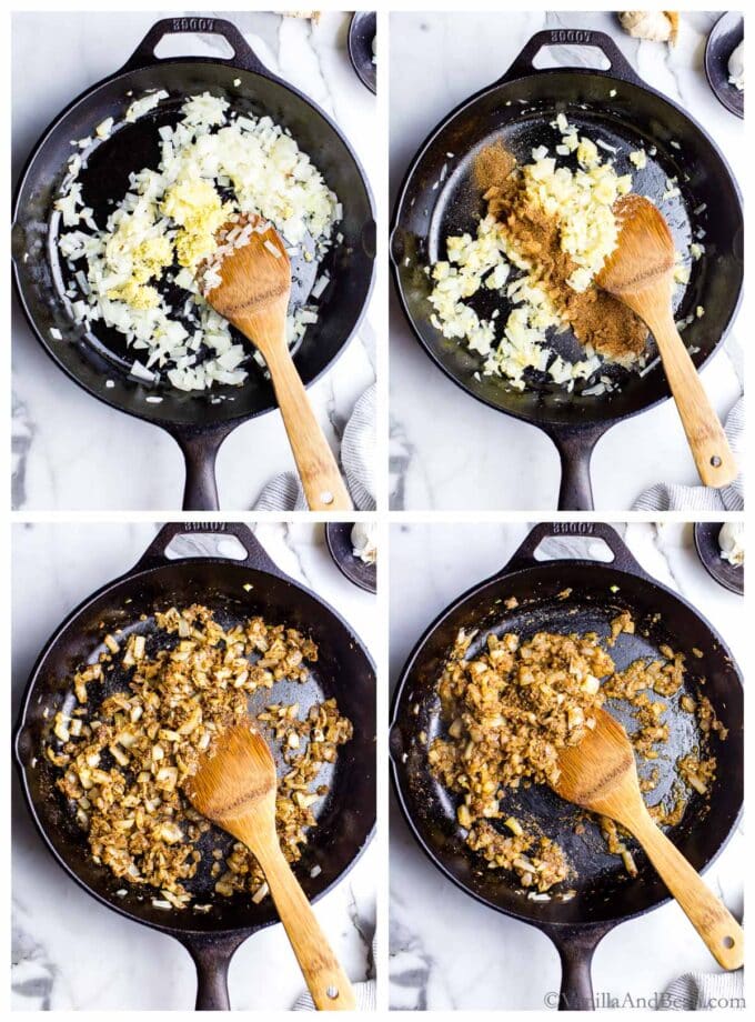 Four images showing onions being sauteed and ground spices being bloomed.
