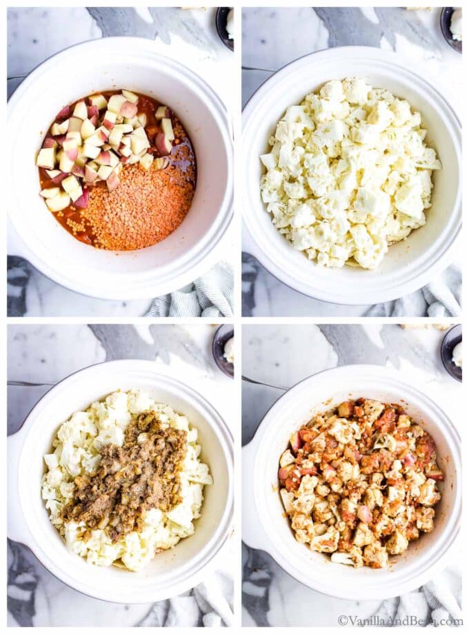 Four images showing ingredients in a slow cooker for Slow Cooker Vegetable Curry.