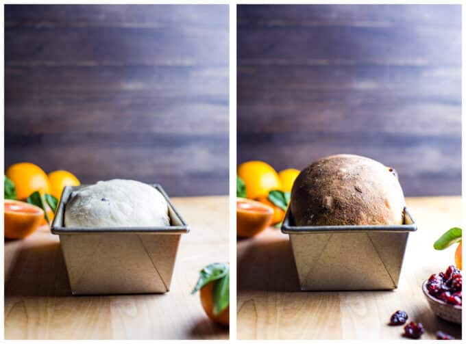 Two images showing a before and after bake of the sourdough bread.