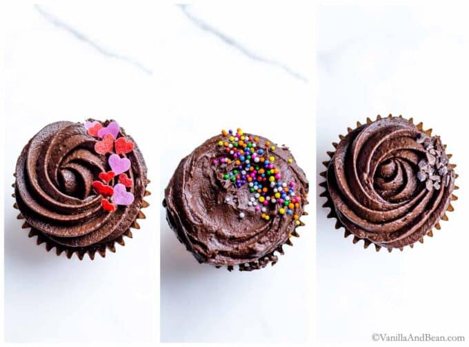 Three images of individual mocha cupcakes decorated differently. One with wafer paper hearts, another with sprinkles and the last with cocoa nibs.
