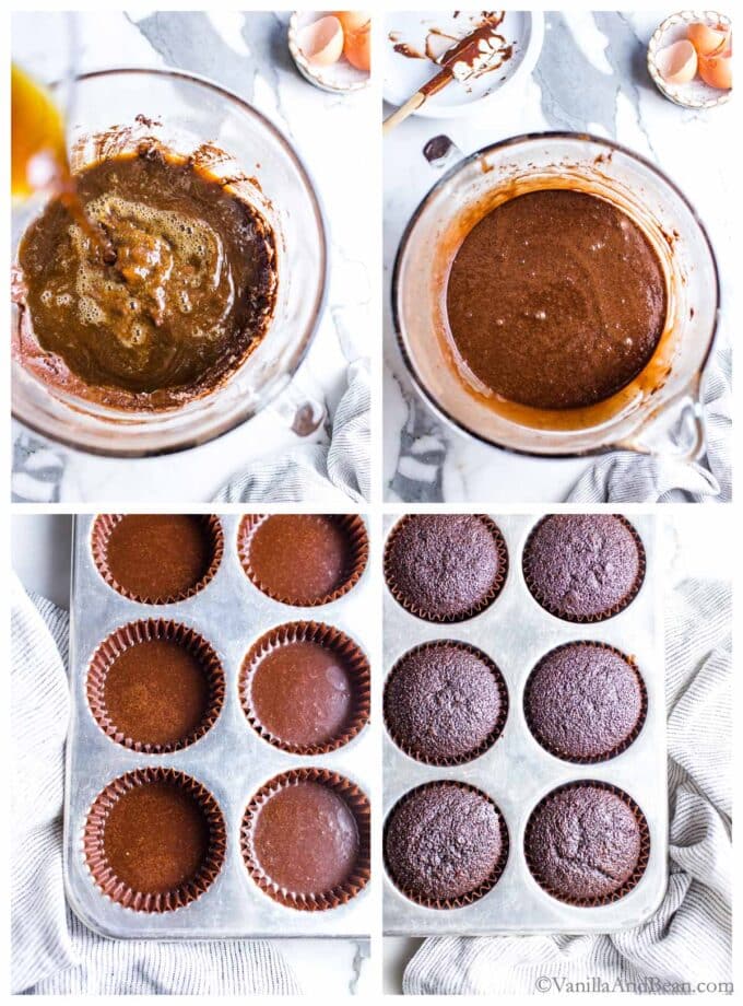 Adding coffee to mocha cupcakes, mixing hthe batter, filling the cupcake liners, and baked cupcakes in a pan.